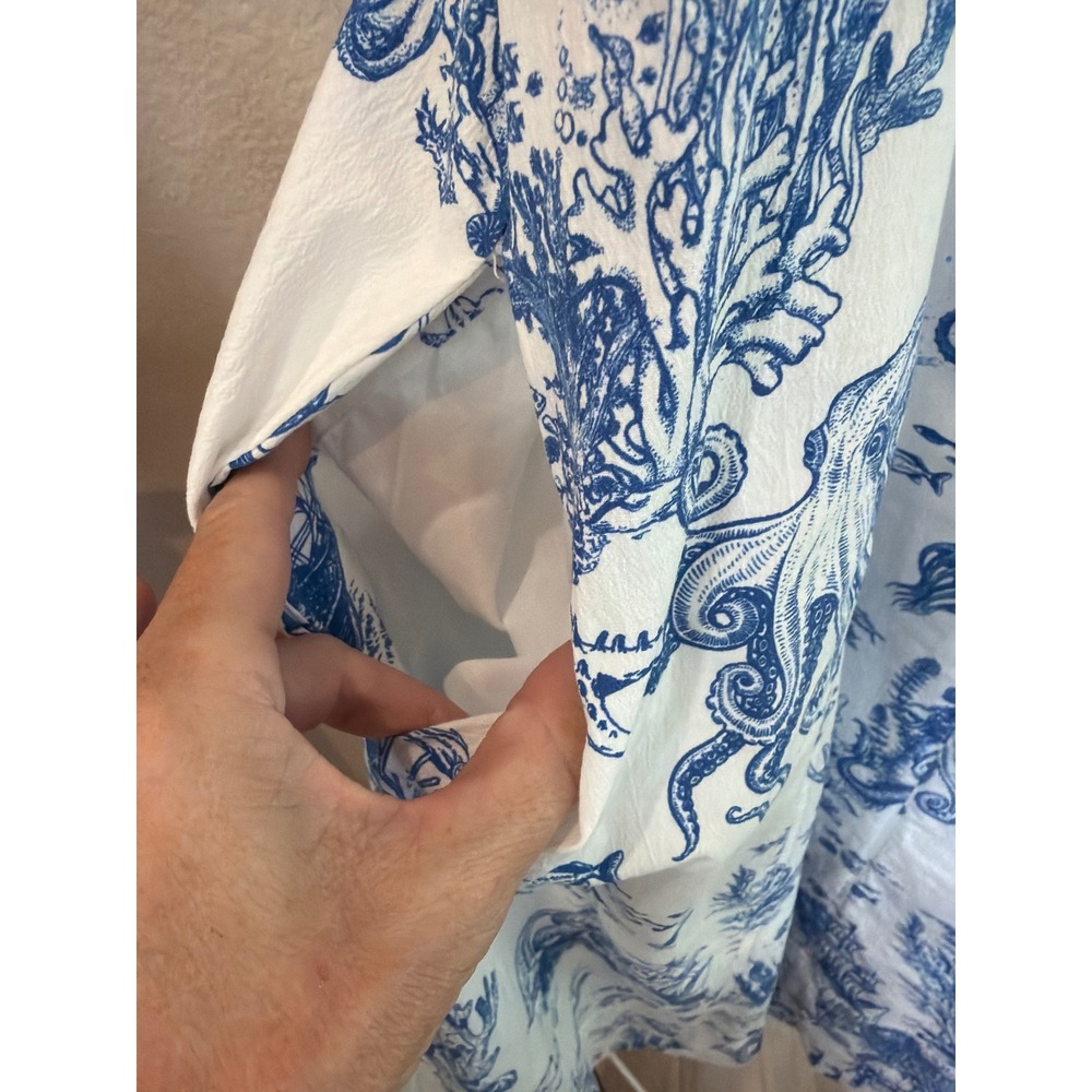 Avec Les Filles Blue White Coastal Toile Midi Dress Nautical Octopus Ship Sz 10 - Picture 4 of 6